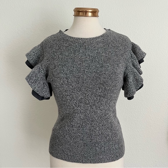 Club Monaco Eris Ruffle Sleeve Marled Merino Wool Sweater Top - Picture 4 of 9